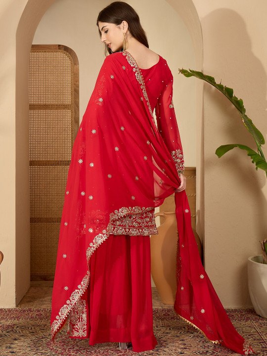 Red Faux Georgette Coding & Sequence With Pearl Work Kurta Sharara And Dupatta - Image 2
