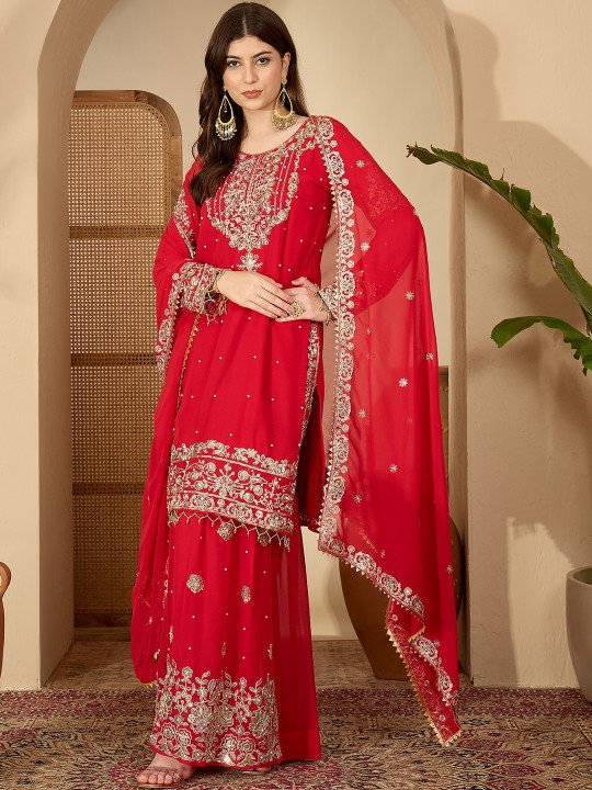 Red Faux Georgette Coding & Sequence With Pearl Work Kurta Sharara And Dupatta - Image 3
