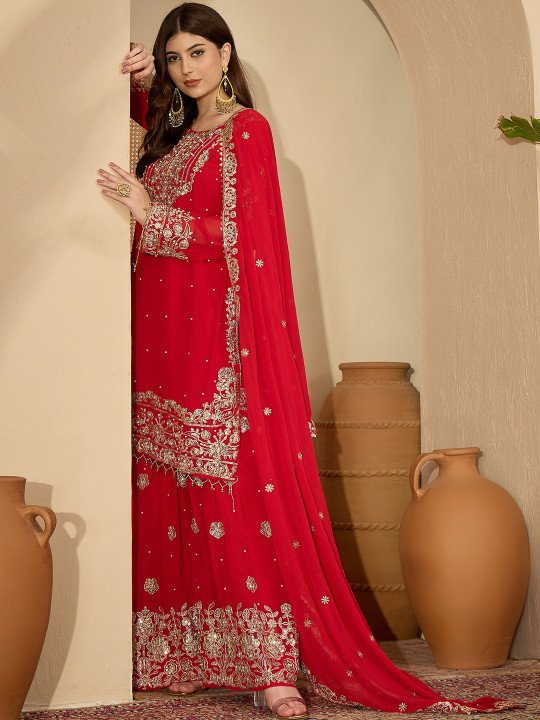 Red Faux Georgette Coding & Sequence With Pearl Work Kurta Sharara And Dupatta - Image 4