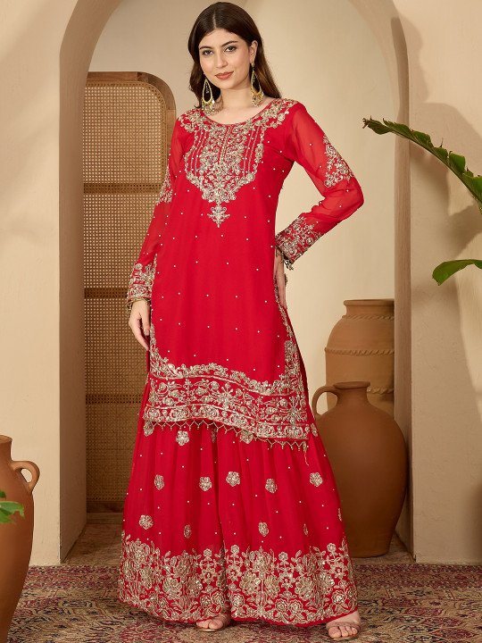 Red Faux Georgette Coding & Sequence With Pearl Work Kurta Sharara And Dupatta - Image 6