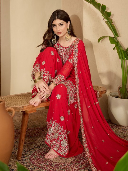 Red Faux Georgette Coding & Sequence With Pearl Work Kurta Sharara And Dupatta