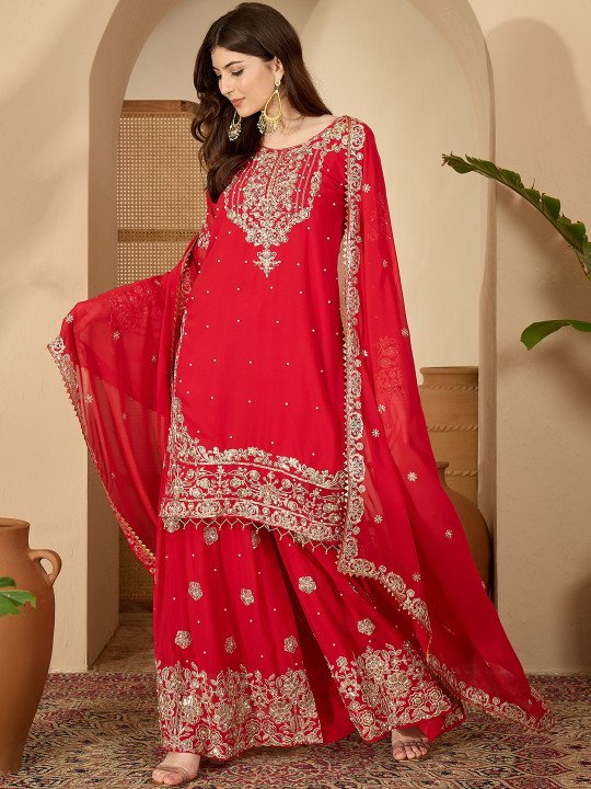 Red Faux Georgette Coding & Sequence With Pearl Work Kurta Sharara And Dupatta - Image 8