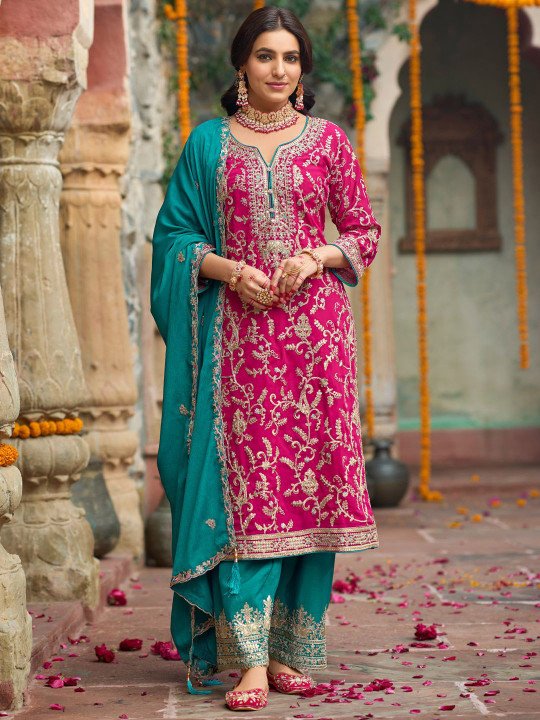 Zari Ethnic Motifs Embroidered Notch Neck Straight Kurta With Trousers & Dupatta - Image 6