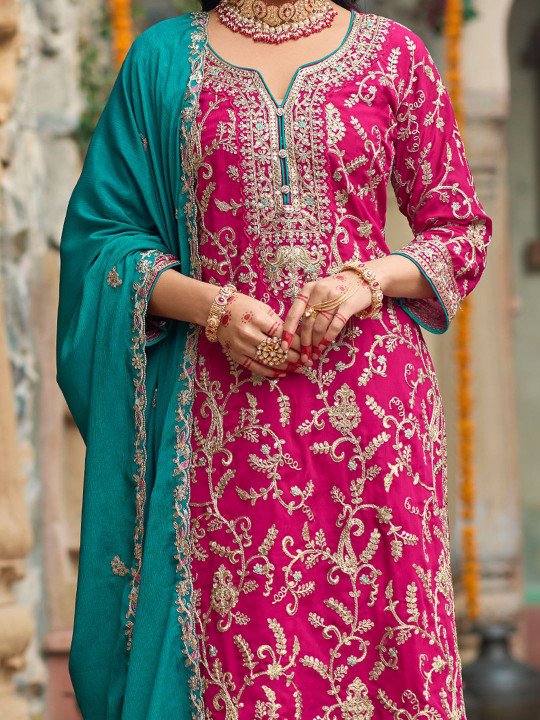 Zari Ethnic Motifs Embroidered Notch Neck Straight Kurta With Trousers & Dupatta - Image 7