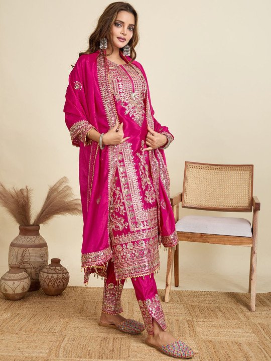 Floral Embroidered Sequinned Straight Kurta With Trousers & Dupatta - Image 5