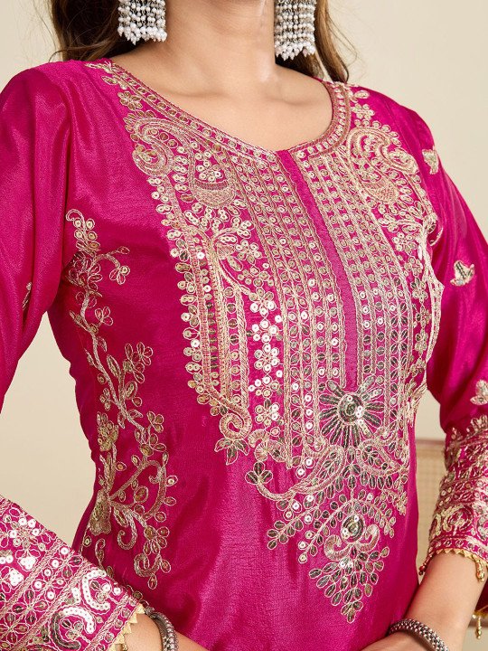 Floral Embroidered Sequinned Straight Kurta With Trousers & Dupatta - Image 4