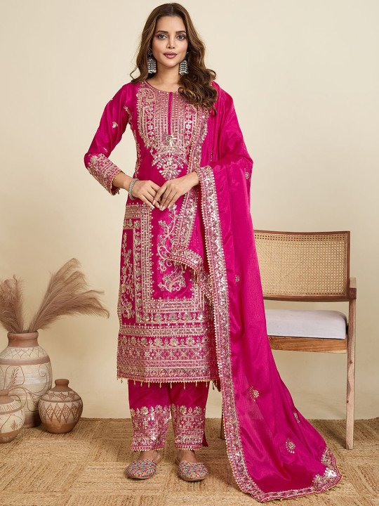 Floral Embroidered Sequinned Straight Kurta With Trousers & Dupatta - Image 3
