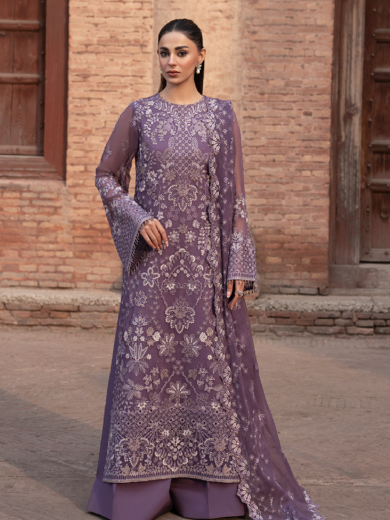 Embroidered Chiffon Three-Piece Stitched Collection | Premium Organza Border & Dyed Trouser
