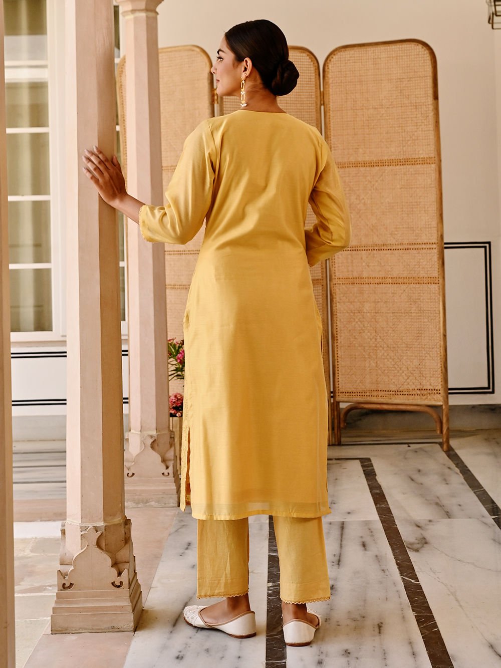 Mustard Yellow Chanderi Embroidered Suit (3-Piece Set) - Image 2