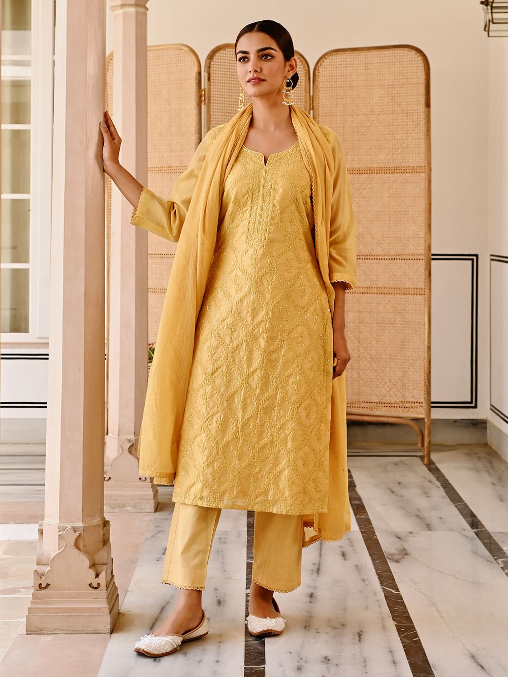 Mustard Yellow Chanderi Embroidered Suit (3-Piece Set) - Image 3