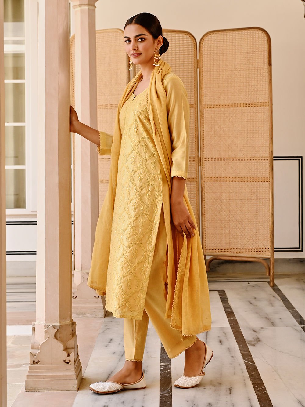 Mustard Yellow Chanderi Embroidered Suit (3-Piece Set) - Image 4