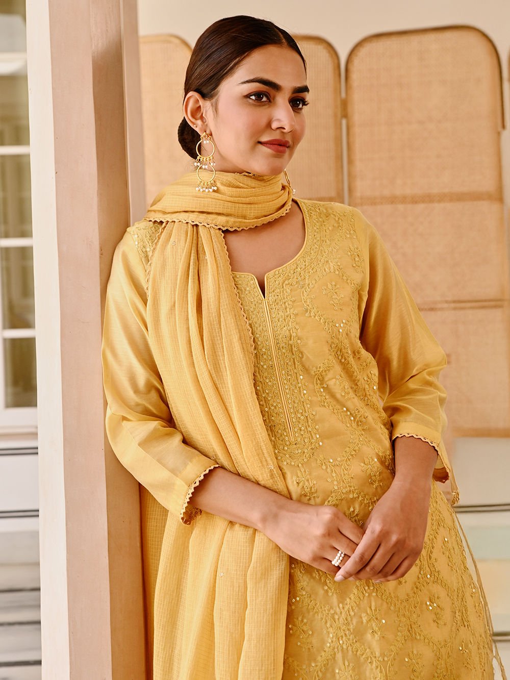 Mustard Yellow Chanderi Embroidered Suit (3-Piece Set)