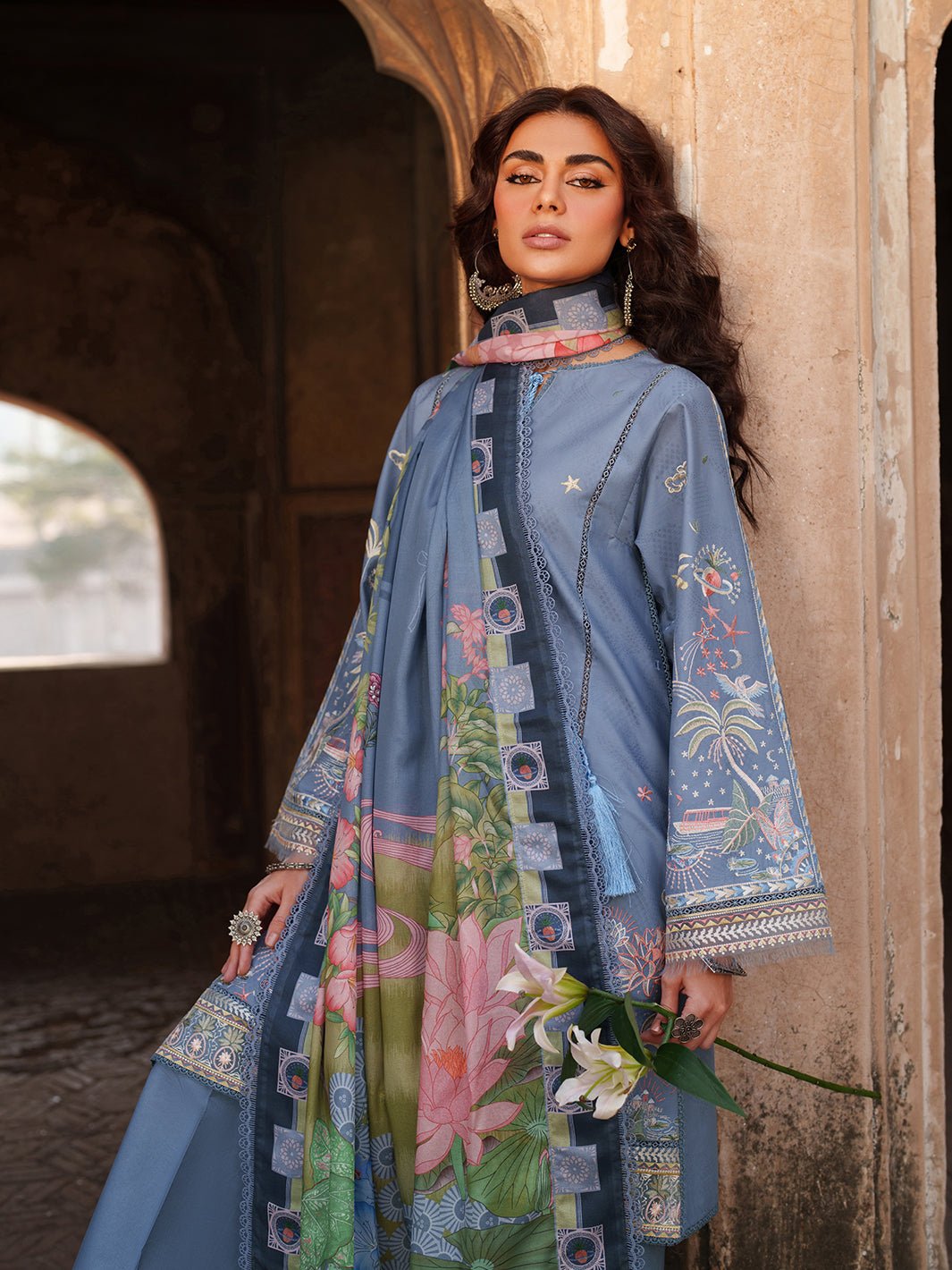 Suroor Eid Collection Embroidered Lawn Suit · Organza Laces · Silk Dupatta Blue Colorway - Image 7