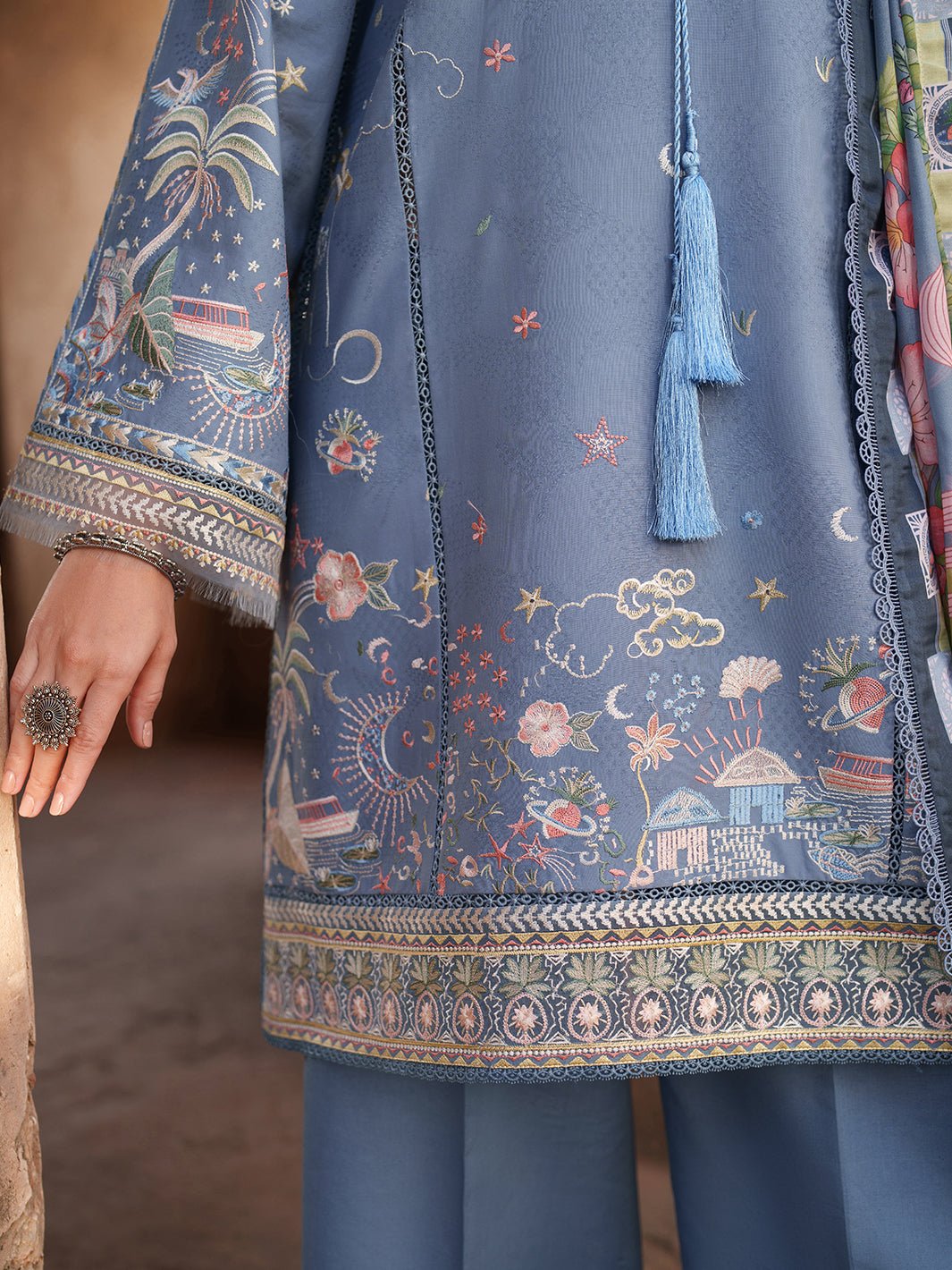 Suroor Eid Collection Embroidered Lawn Suit · Organza Laces · Silk Dupatta Blue Colorway - Image 6