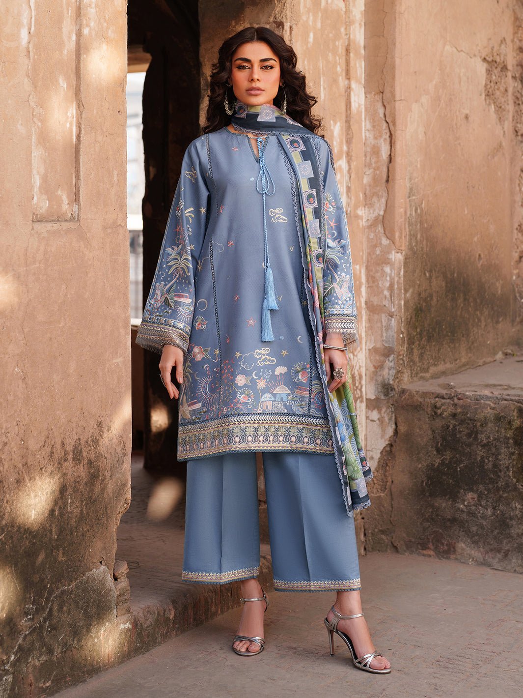 Suroor Eid Collection Embroidered Lawn Suit · Organza Laces · Silk Dupatta Blue Colorway