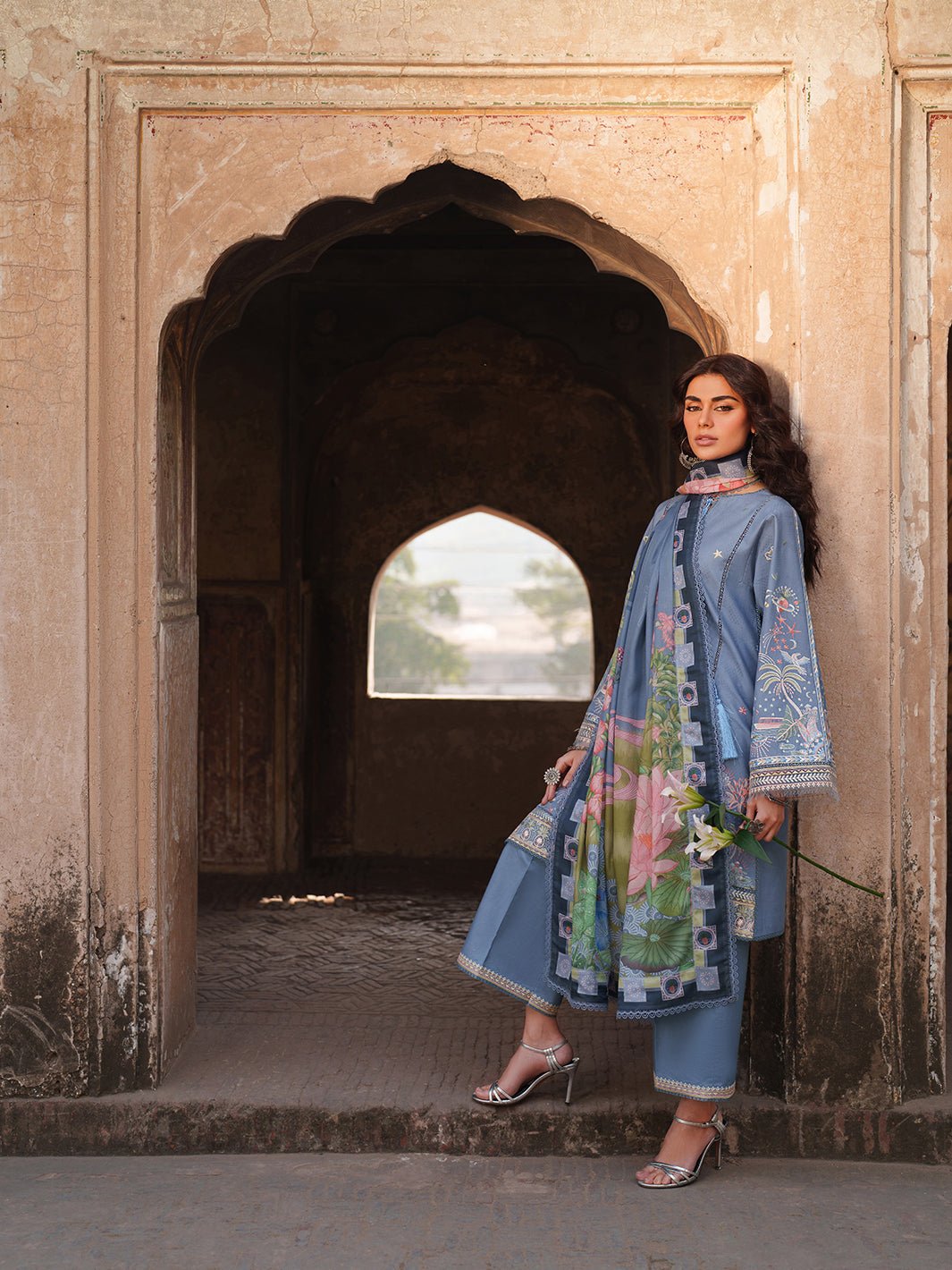 Suroor Eid Collection Embroidered Lawn Suit · Organza Laces · Silk Dupatta Blue Colorway - Image 8