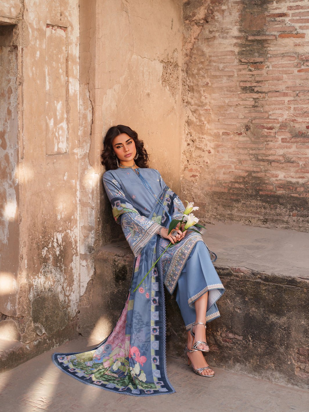 Suroor Eid Collection Embroidered Lawn Suit · Organza Laces · Silk Dupatta Blue Colorway - Image 9