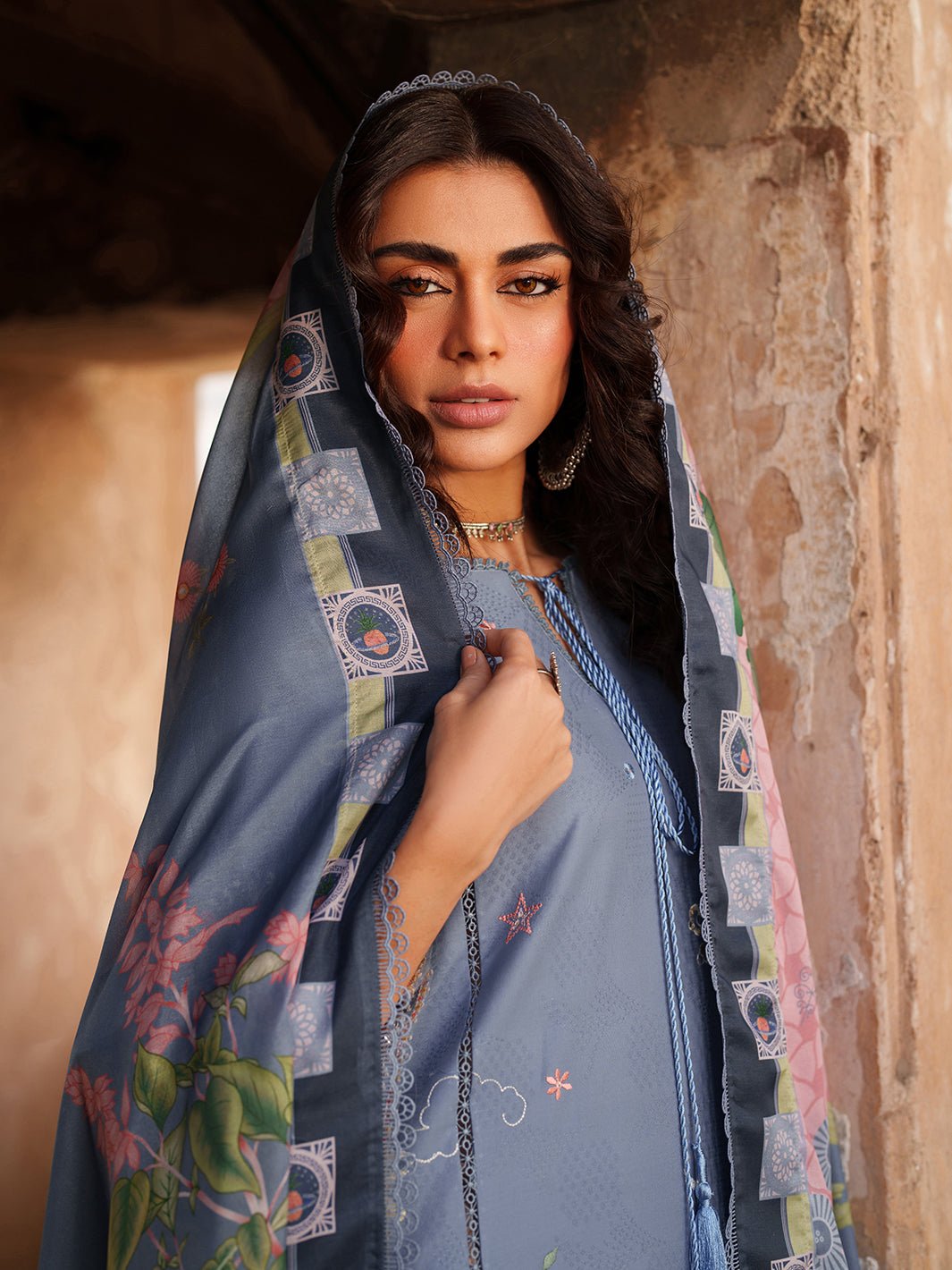 Suroor Eid Collection Embroidered Lawn Suit · Organza Laces · Silk Dupatta Blue Colorway - Image 5