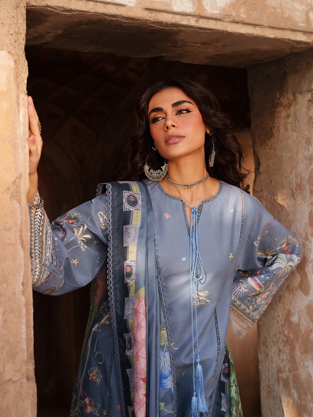 Suroor Eid Collection Embroidered Lawn Suit · Organza Laces · Silk Dupatta Blue Colorway - Image 4