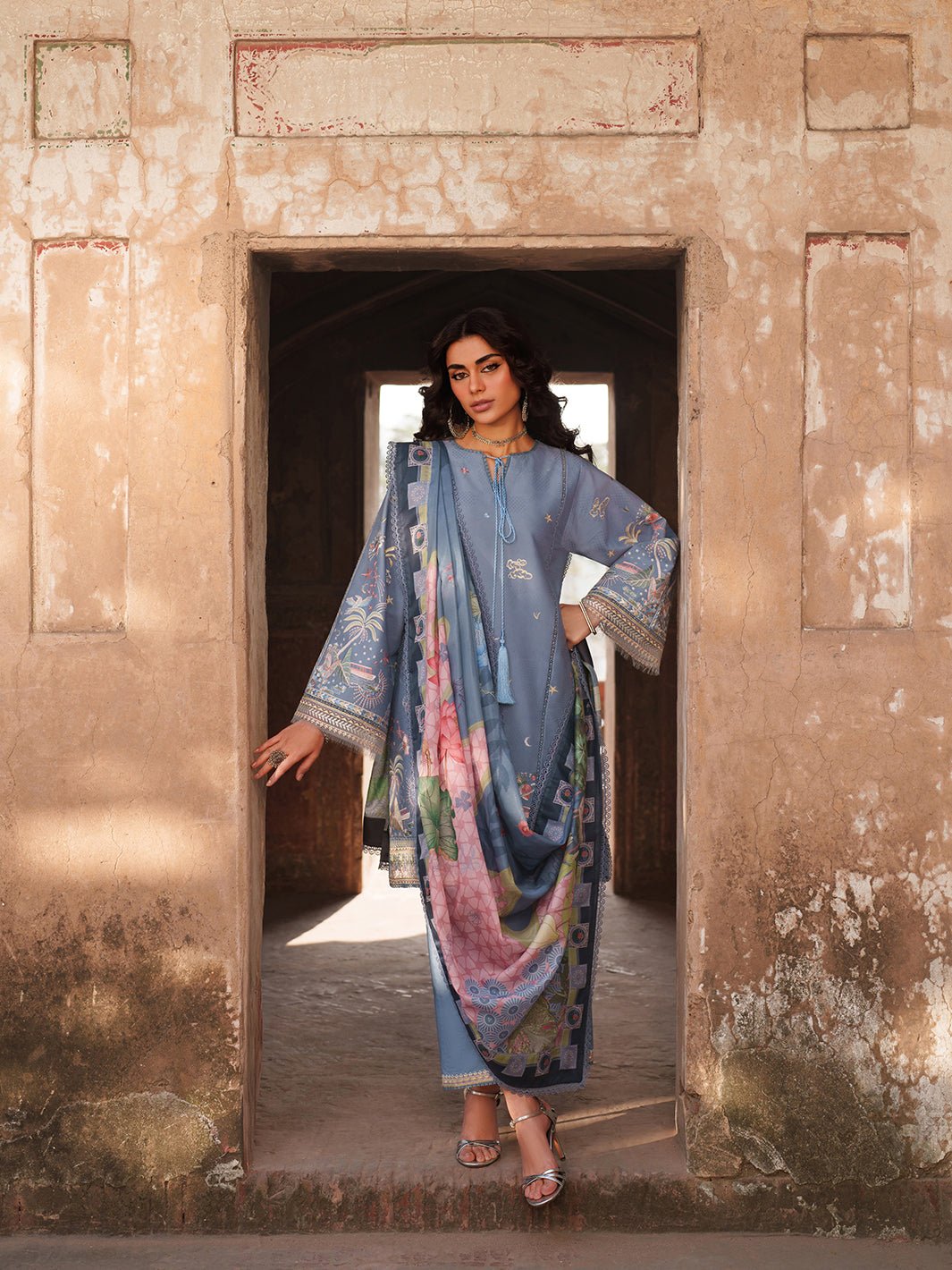 Suroor Eid Collection Embroidered Lawn Suit · Organza Laces · Silk Dupatta Blue Colorway - Image 11
