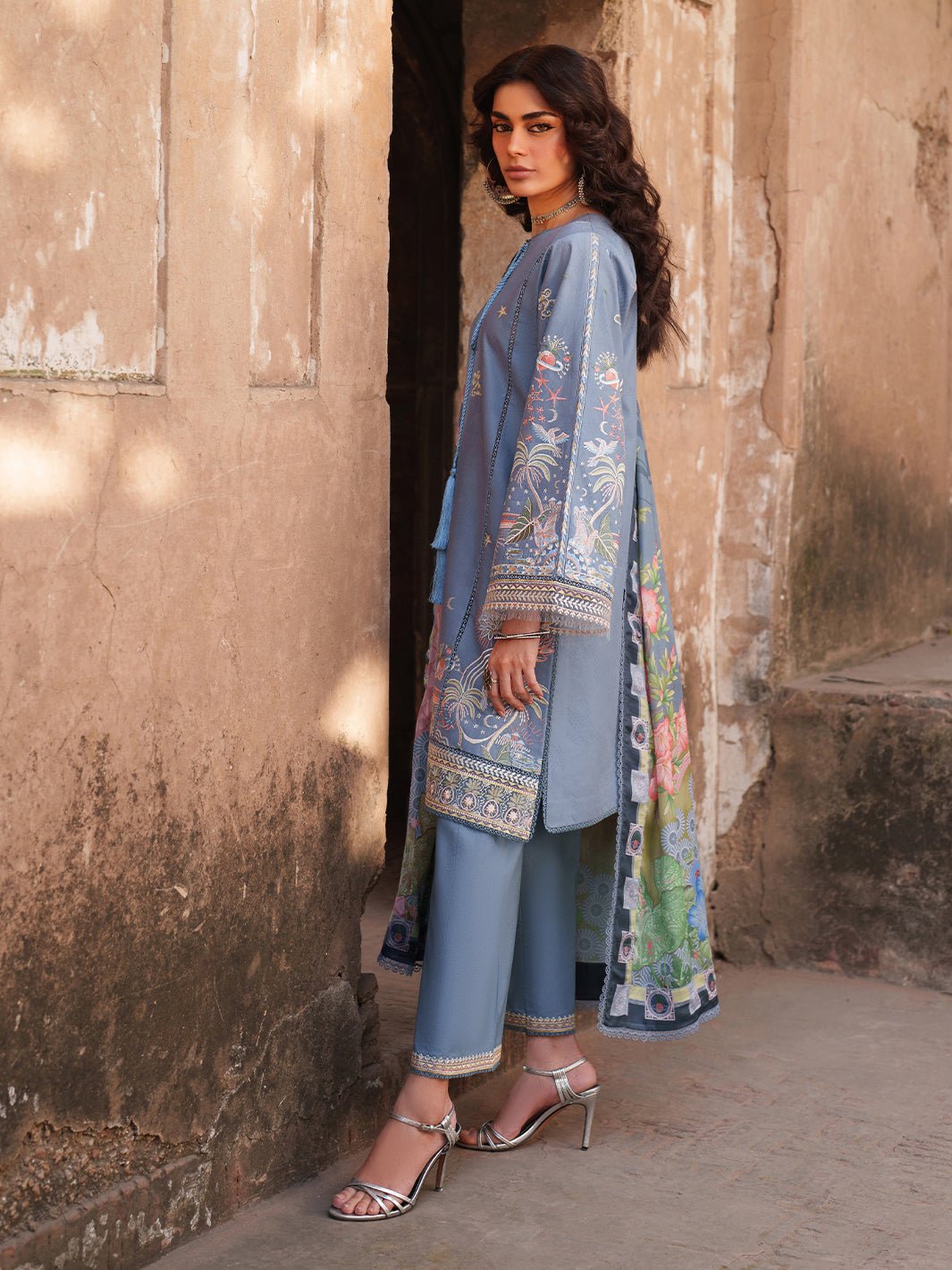 Suroor Eid Collection Embroidered Lawn Suit · Organza Laces · Silk Dupatta Blue Colorway - Image 3