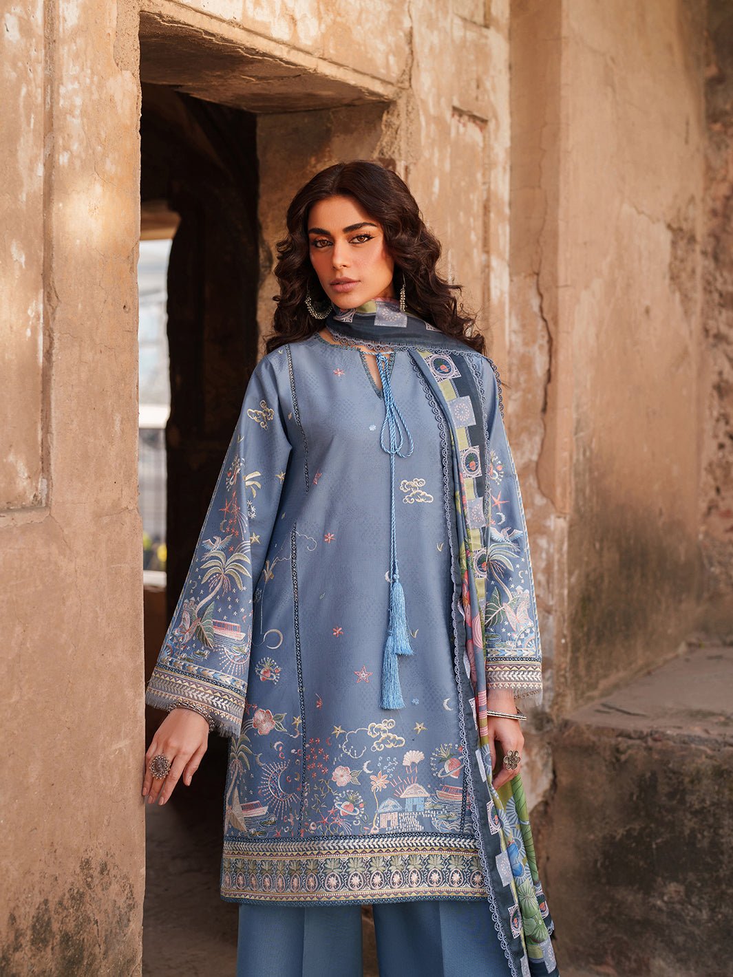 Suroor Eid Collection Embroidered Lawn Suit · Organza Laces · Silk Dupatta Blue Colorway - Image 2