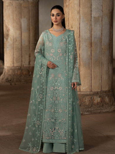 Light Aqua Embroidered Chiffon Three-Piece Stitched Collection | Premium Organza Border & Dyed Trouser