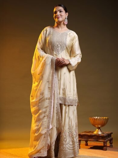 Golden Satin Silk Sharara Set Sequin · Cutdana · Pearl  ·  Satin Silk  ·  Organza Dupatta