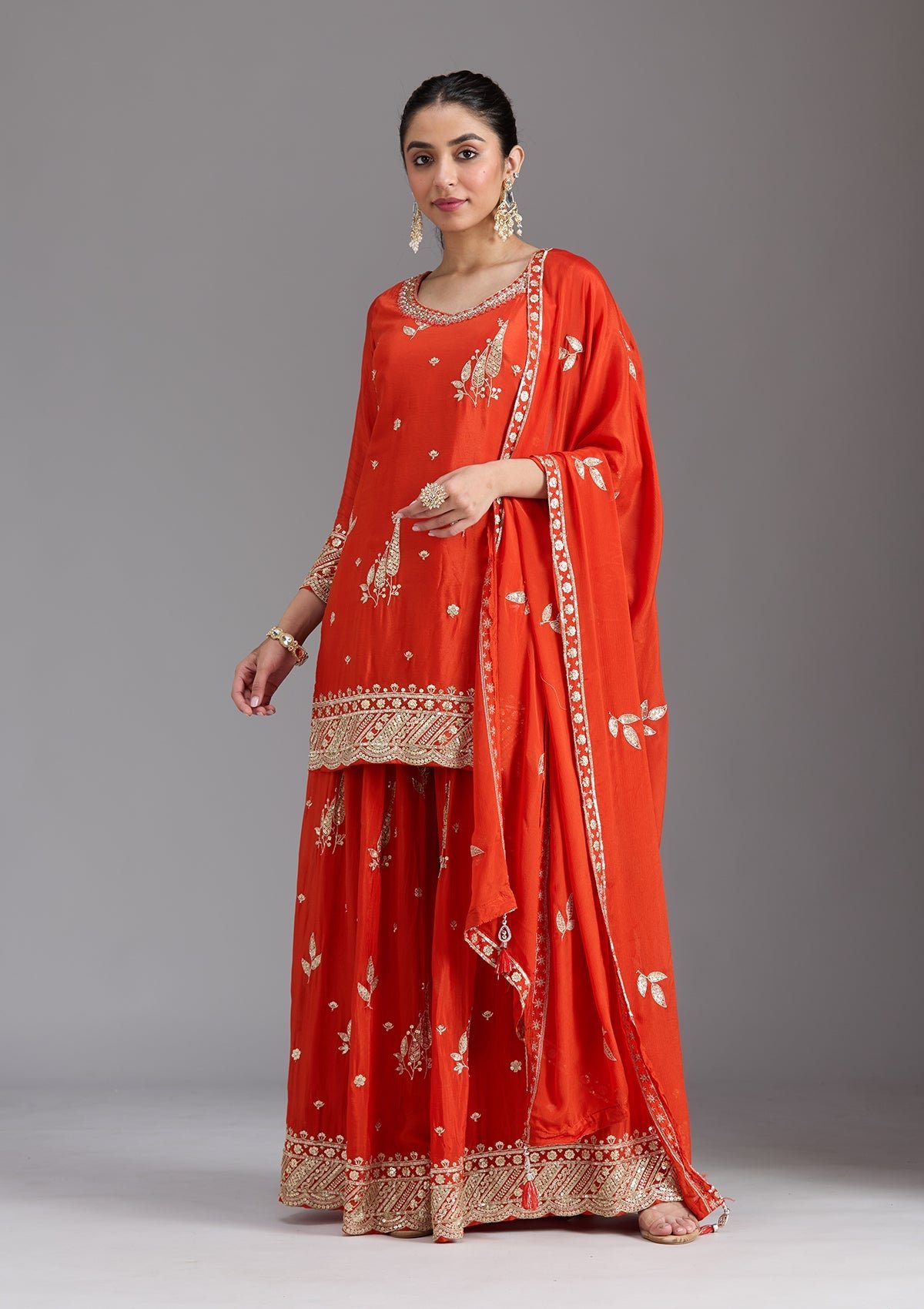 Orange Zari Embroidered Chinon Salwar Suit with Dupatta - Image 5