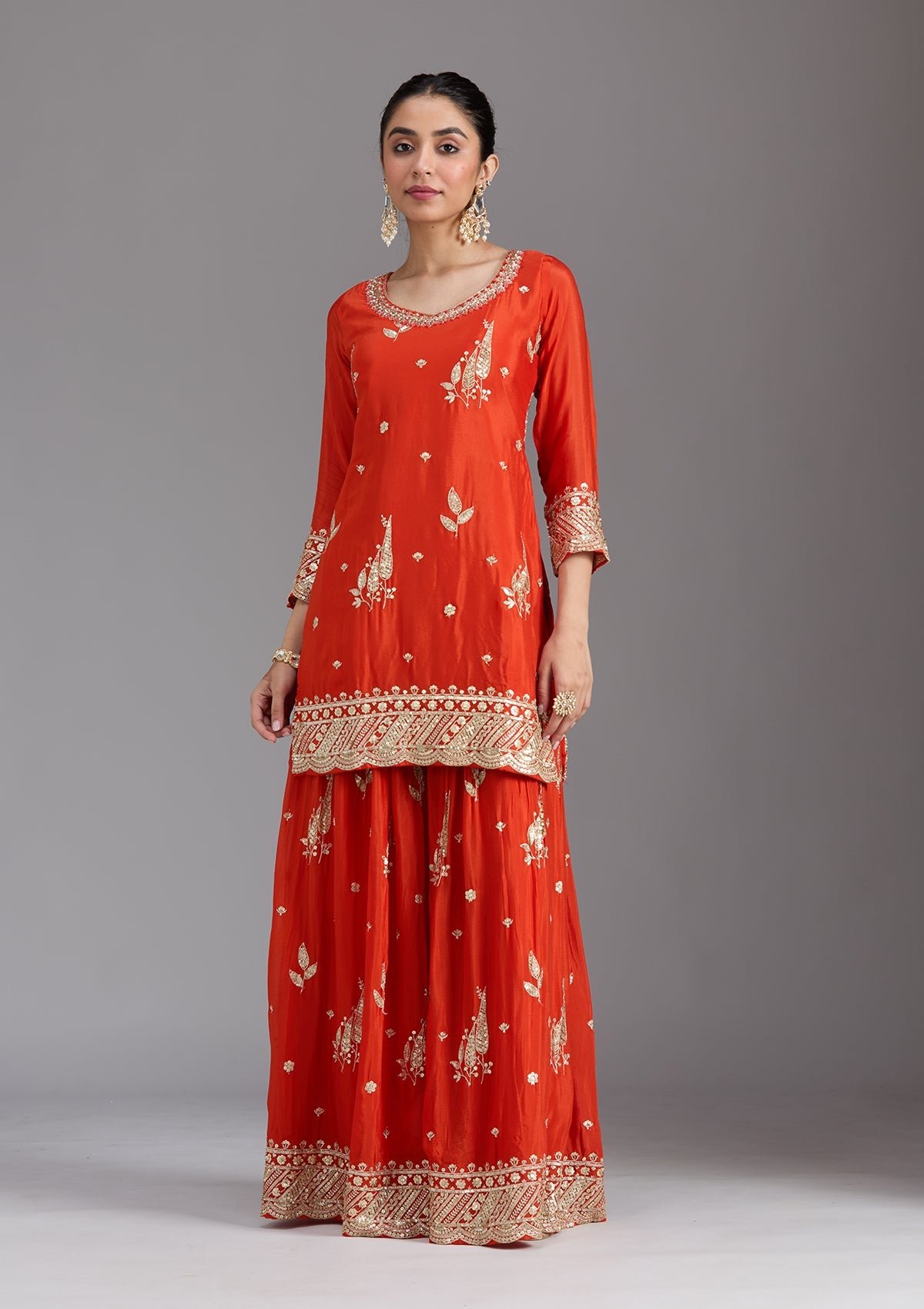 Orange Zari Embroidered Chinon Salwar Suit with Dupatta - Image 6