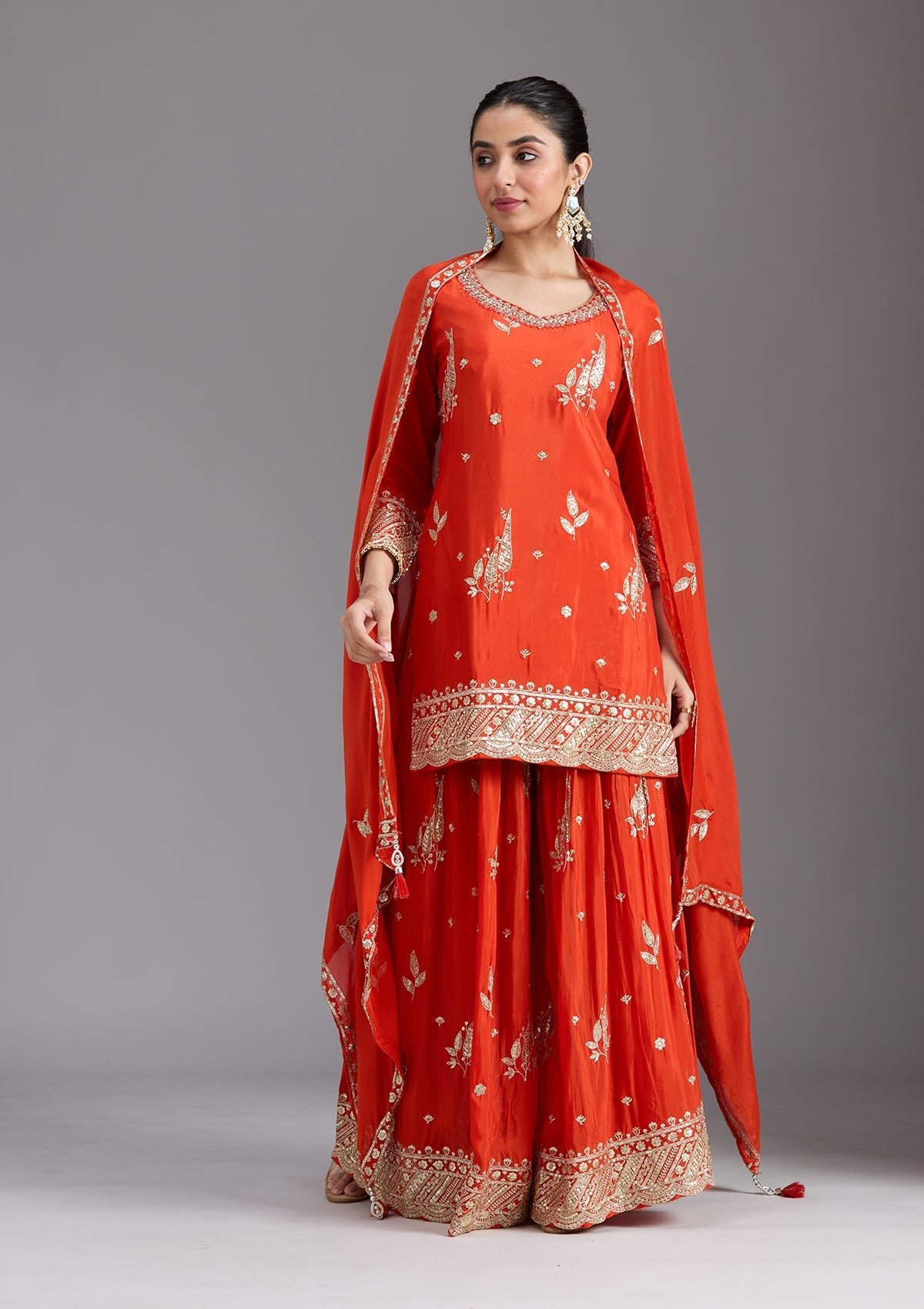 Orange Zari Embroidered Chinon Salwar Suit with Dupatta