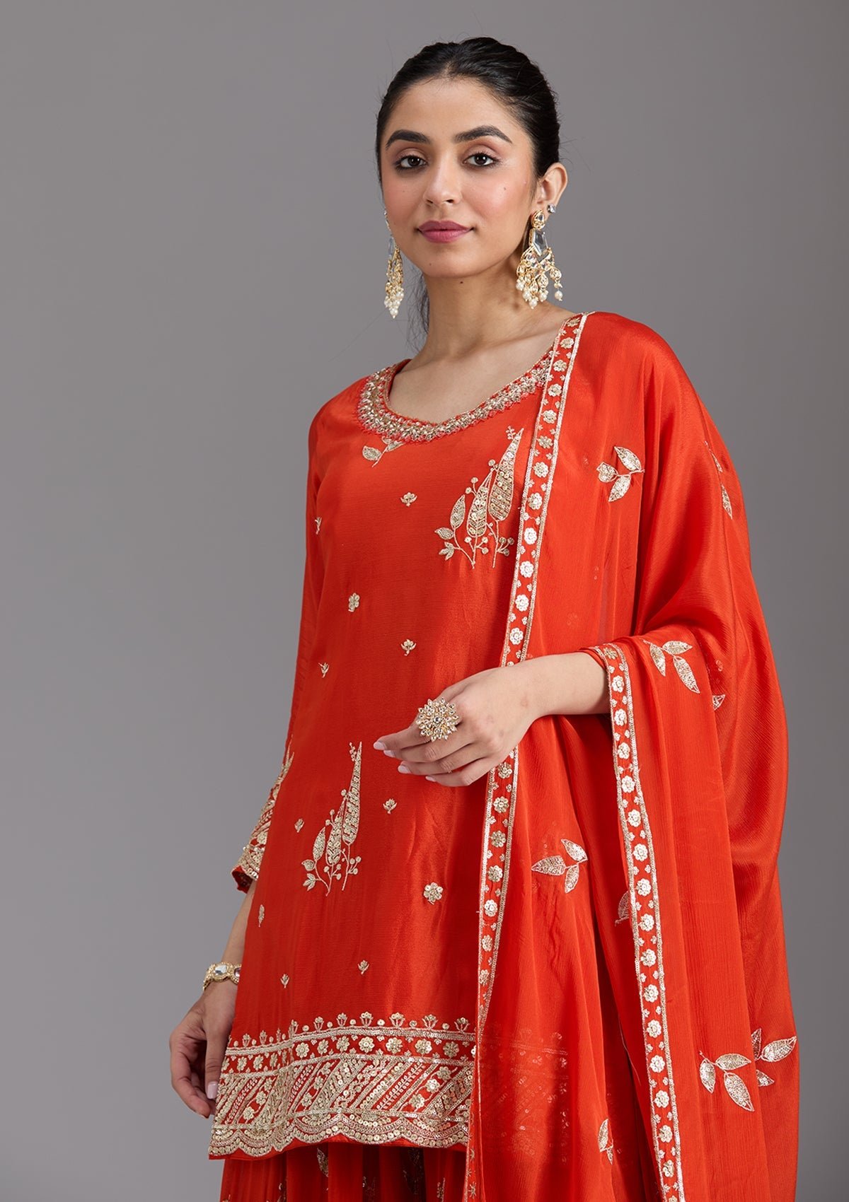 Orange Zari Embroidered Chinon Salwar Suit with Dupatta - Image 2
