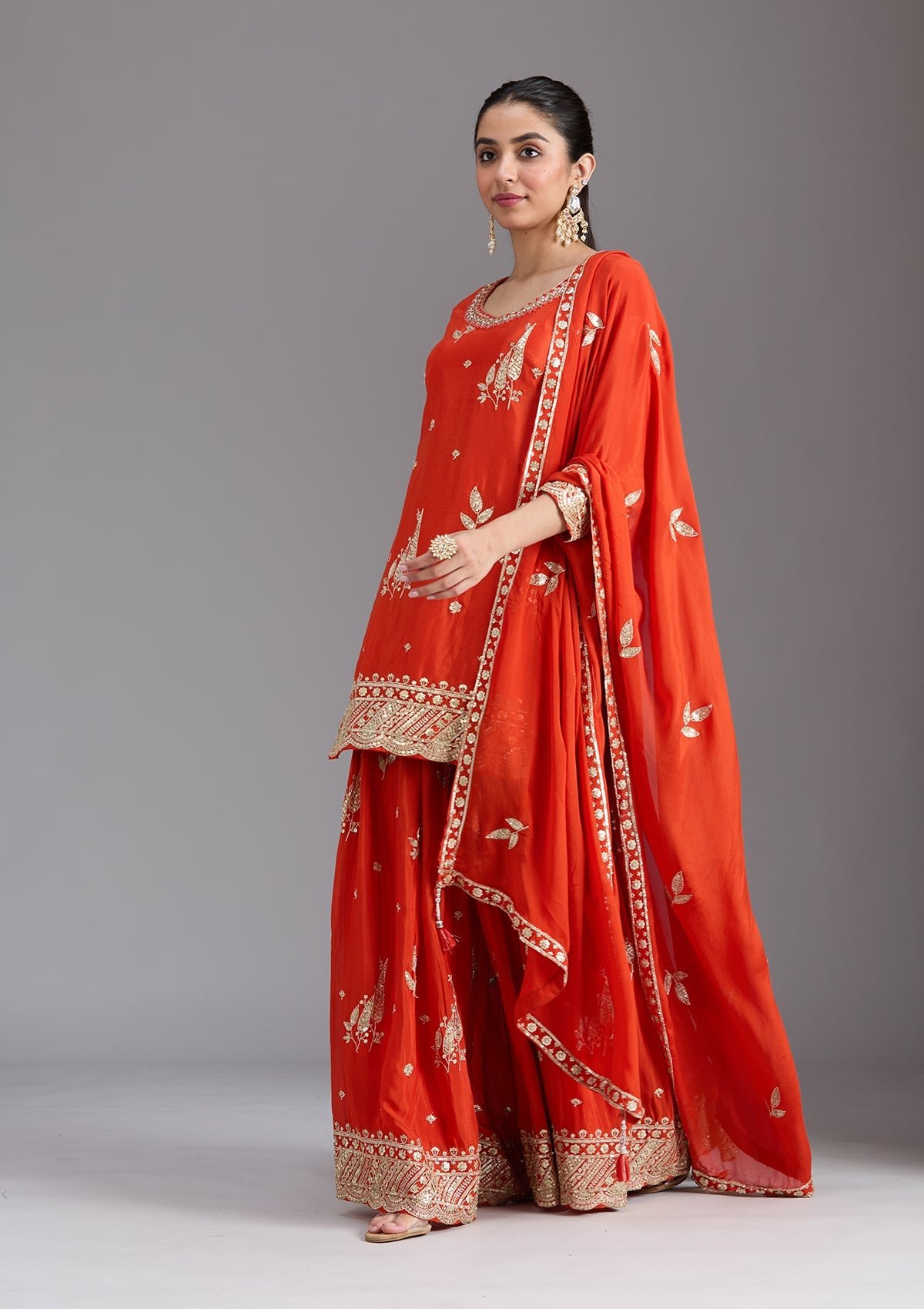 Orange Zari Embroidered Chinon Salwar Suit with Dupatta - Image 4