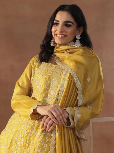 Mustard Floral Embroidered Straight Kurta with Pant & Dupatta