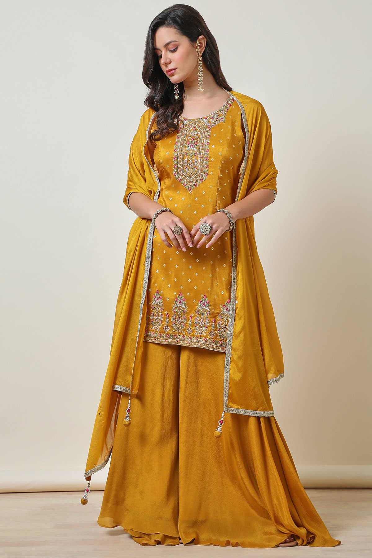 Mustard Brocade Festive Suit Set with Dupatta