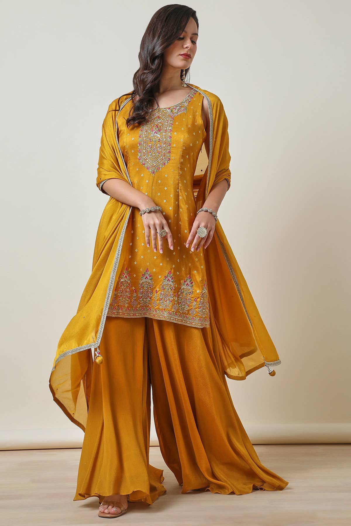 Mustard Brocade Festive Suit Set with Dupatta - Image 2