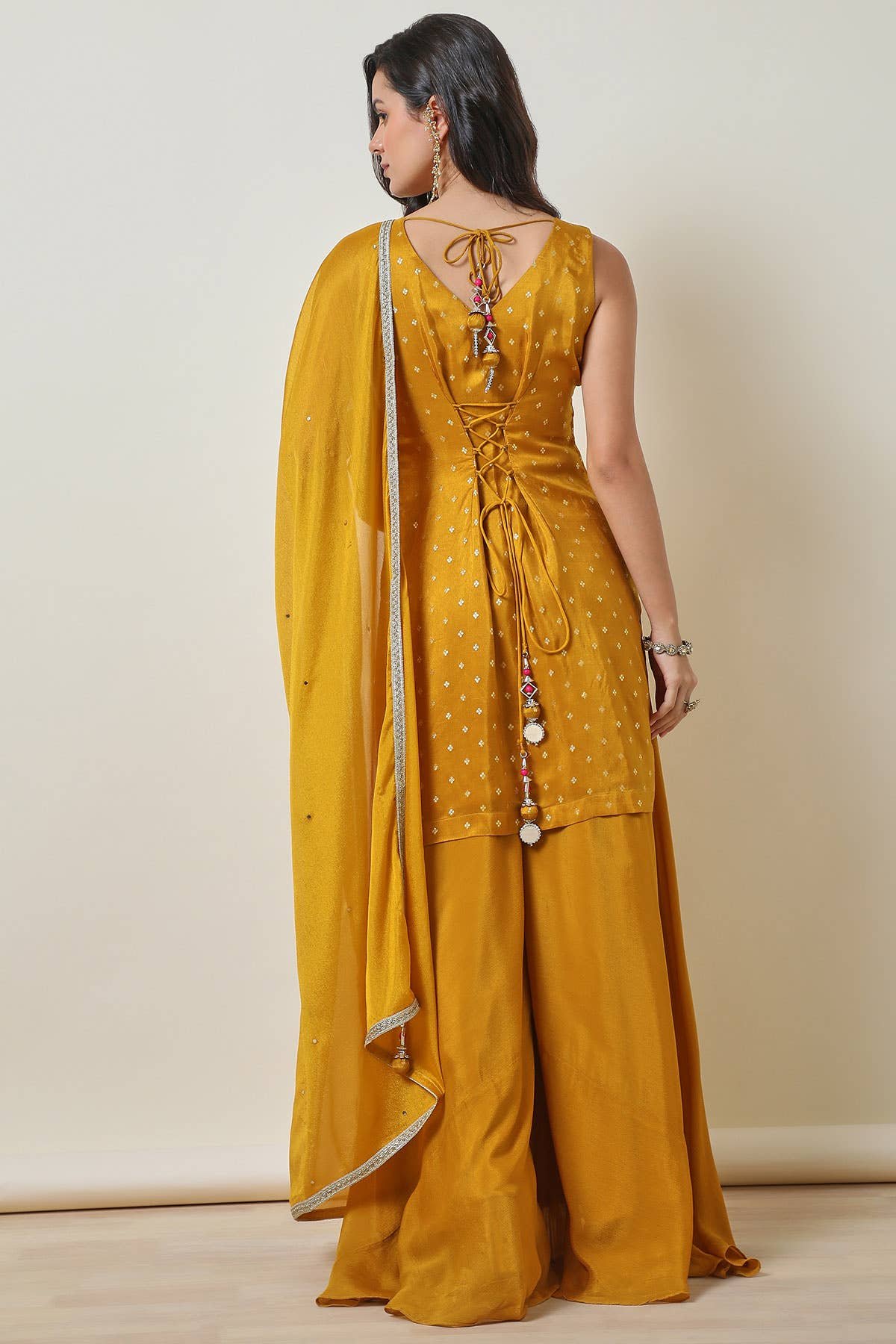 Mustard Brocade Festive Suit Set with Dupatta - Image 5