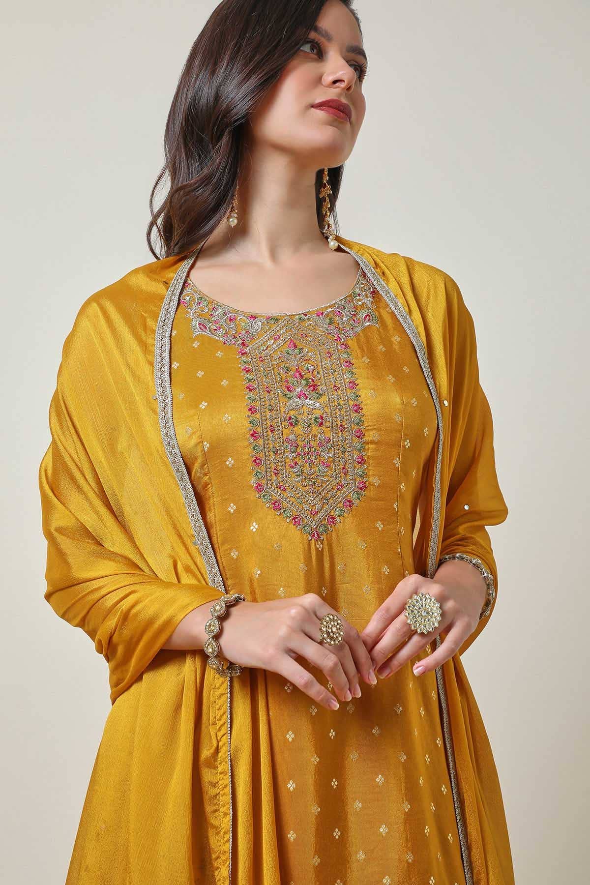 Mustard Brocade Festive Suit Set with Dupatta - Image 3