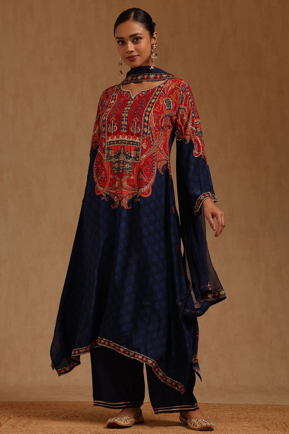 Navy Blue Crepe Ethnic Motifs Hand Embroidered Salwar Suit With Sequins