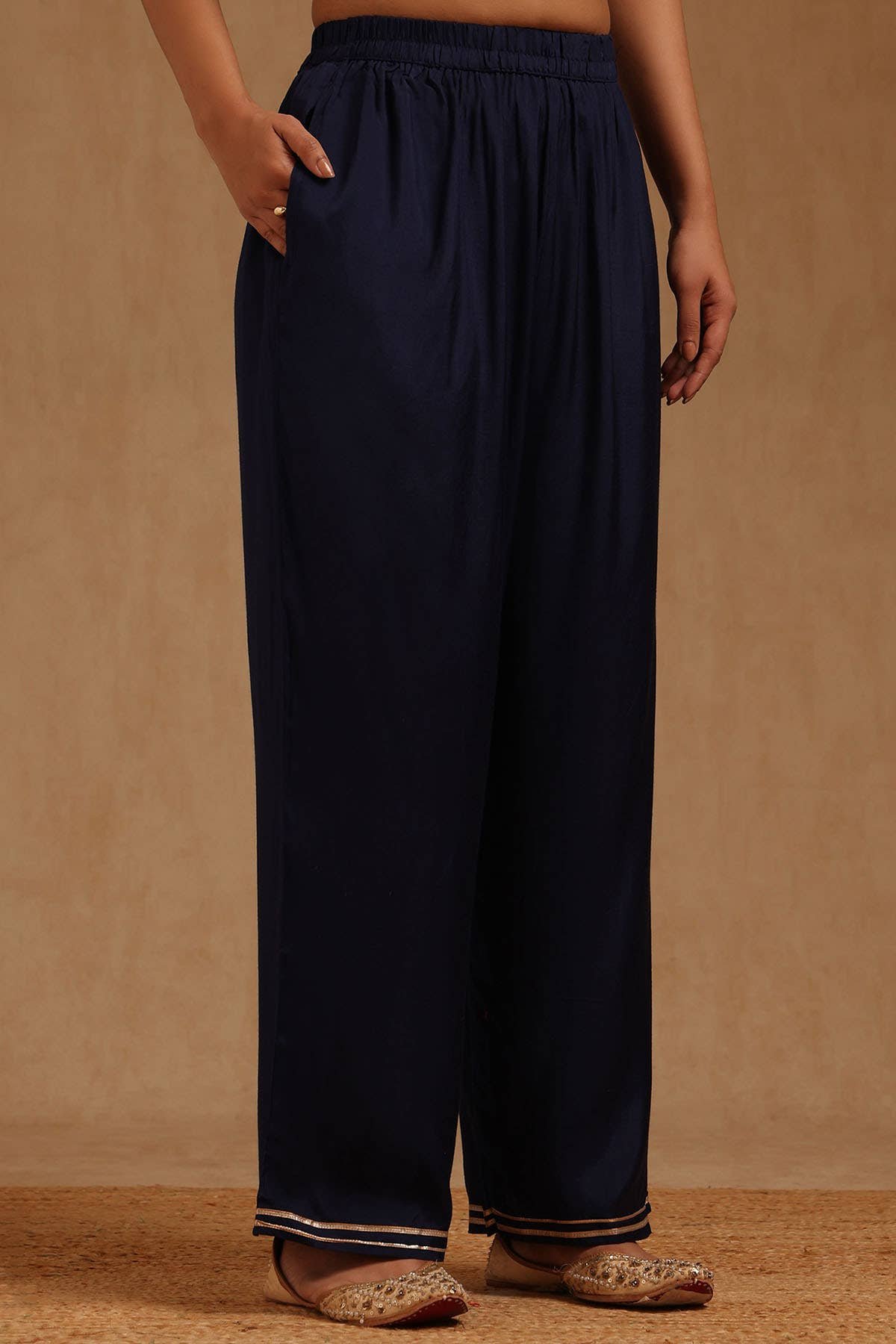 Navy Blue Crepe Ethnic Motifs Hand Embroidered Salwar Suit With Sequins - Image 6