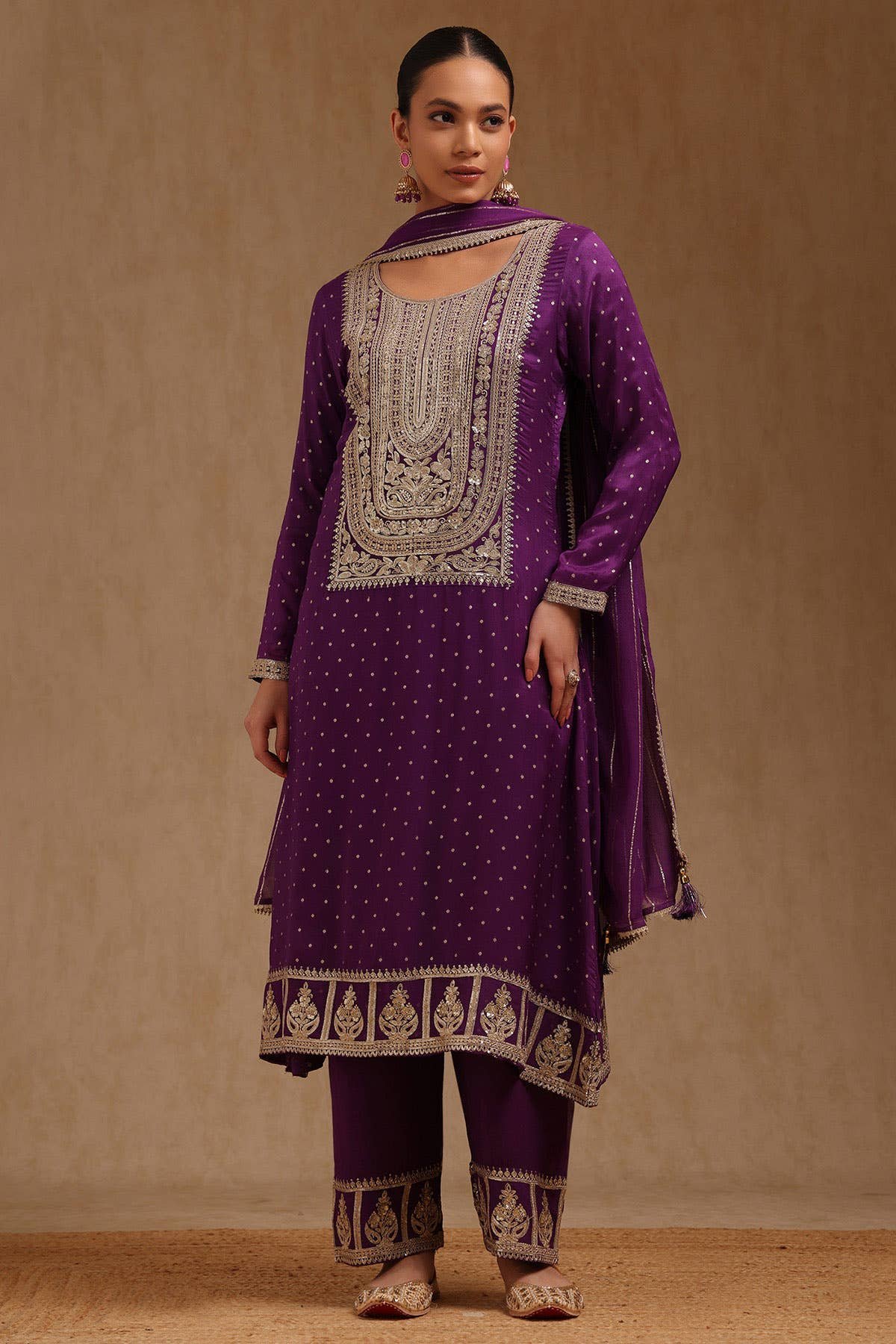 Royal Purple Embroidered Georgette Suit Set with Dupatta