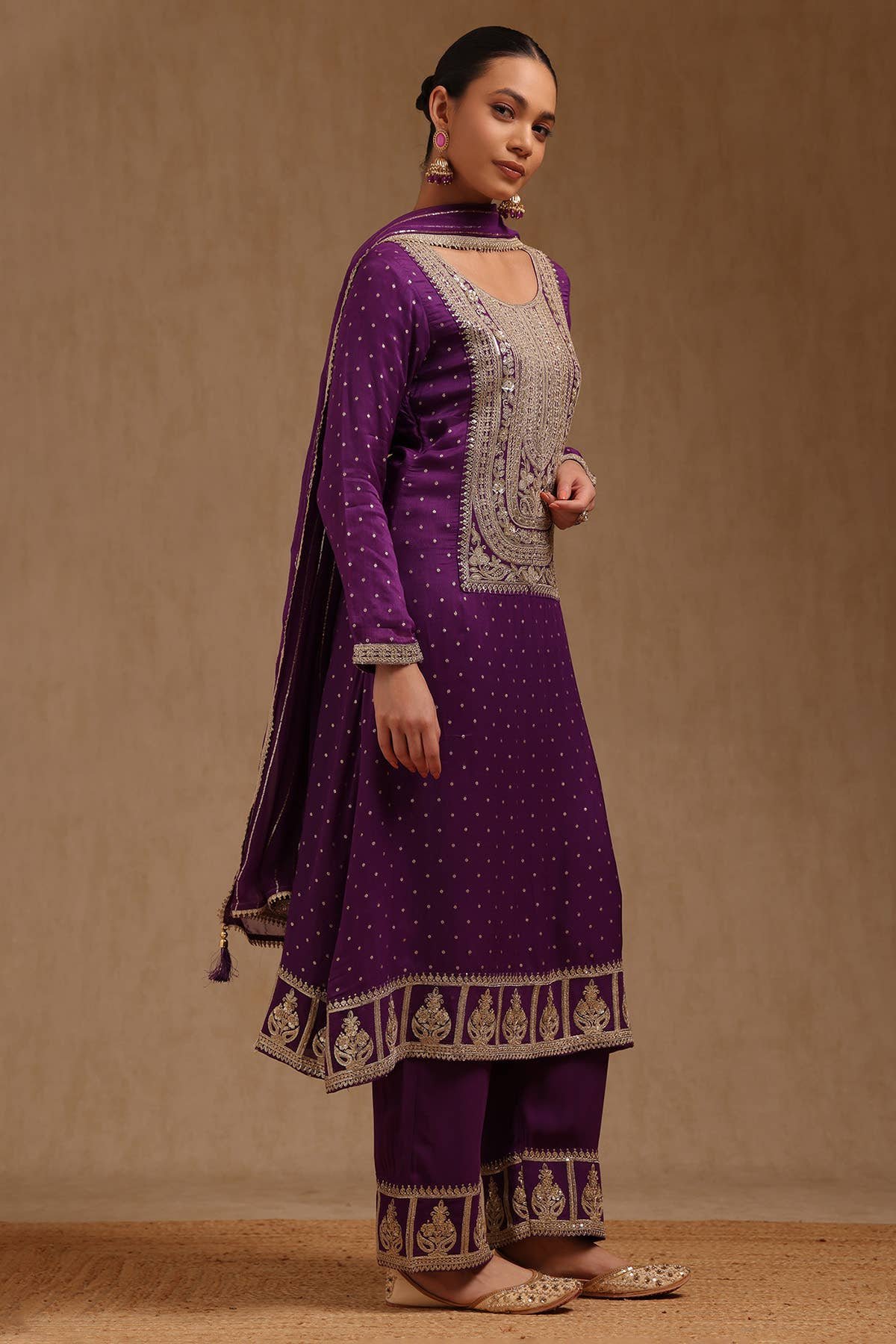 Royal Purple Embroidered Georgette Suit Set with Dupatta - Image 2