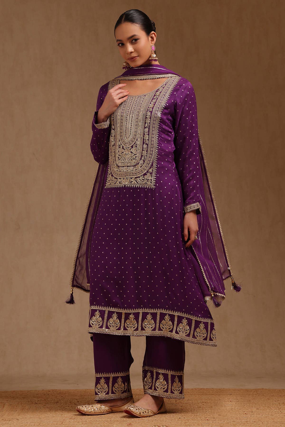Royal Purple Embroidered Georgette Suit Set with Dupatta - Image 3