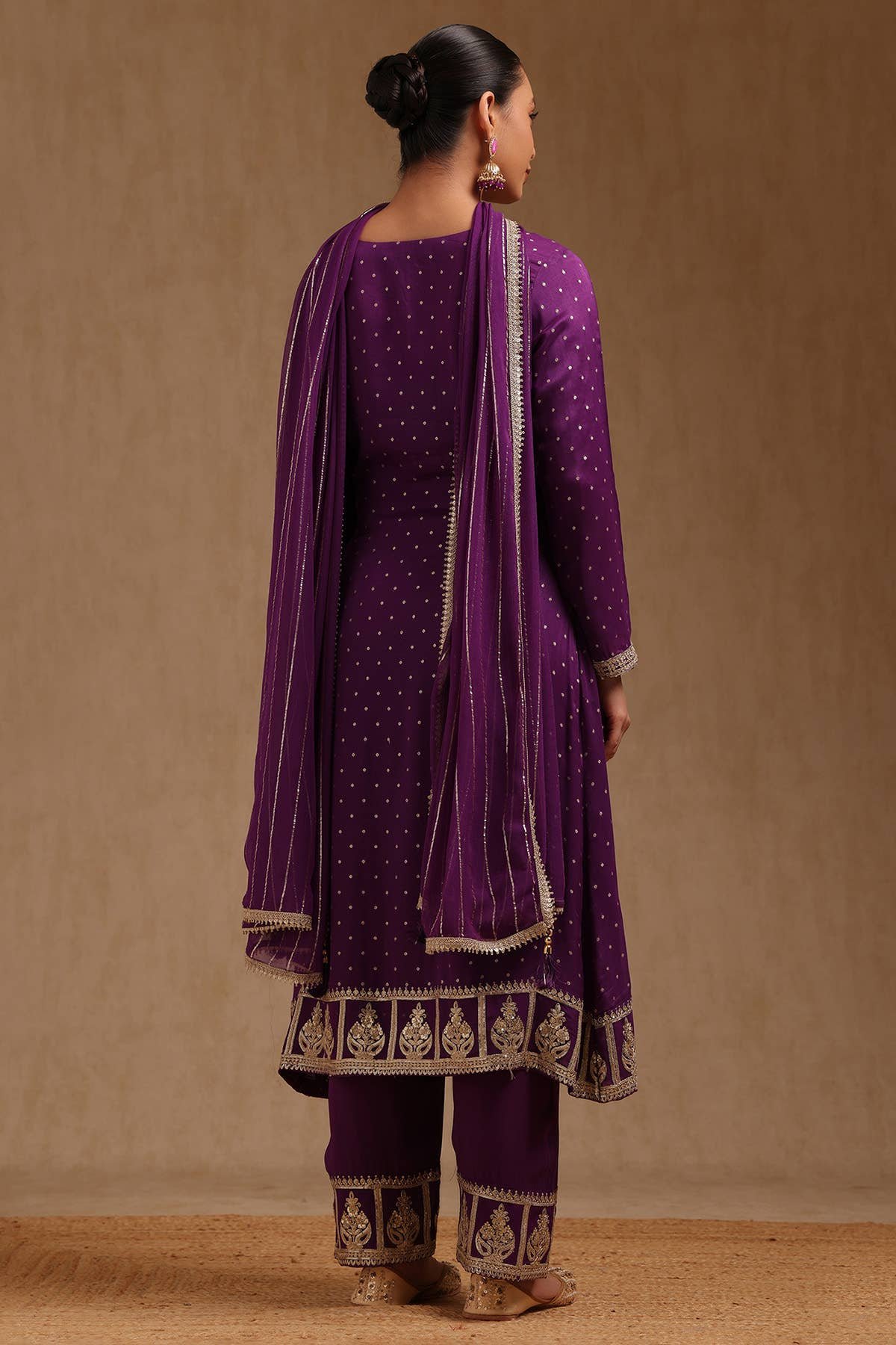 Royal Purple Embroidered Georgette Suit Set with Dupatta - Image 4