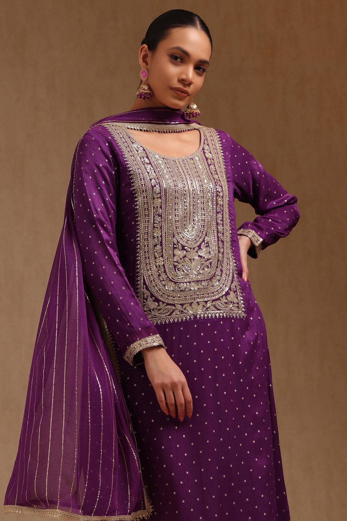Royal Purple Embroidered Georgette Suit Set with Dupatta - Image 6