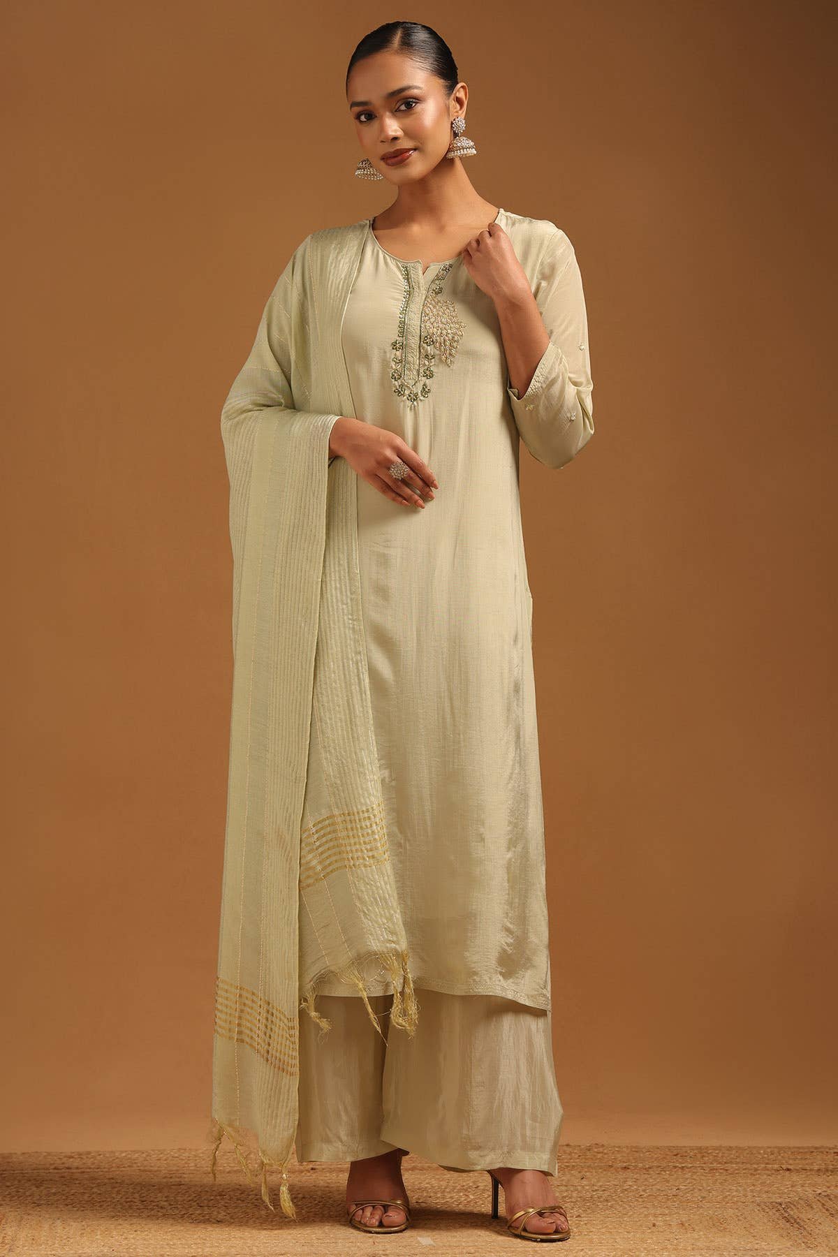 Sap Green Cutdana Crepe Salwar Suit Set Style · Hand Work Cutdana · Notch Neckline  ·  Palazzo  ·  Set of 3  ✦