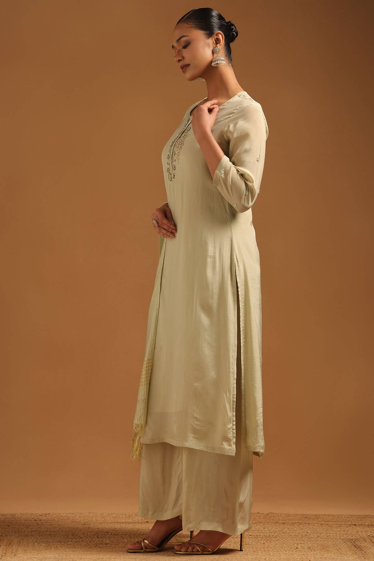 Sap Green Cutdana Crepe Salwar Suit Set Style · Hand Work Cutdana · Notch Neckline  ·  Palazzo  ·  Set of 3  ✦ - Image 2