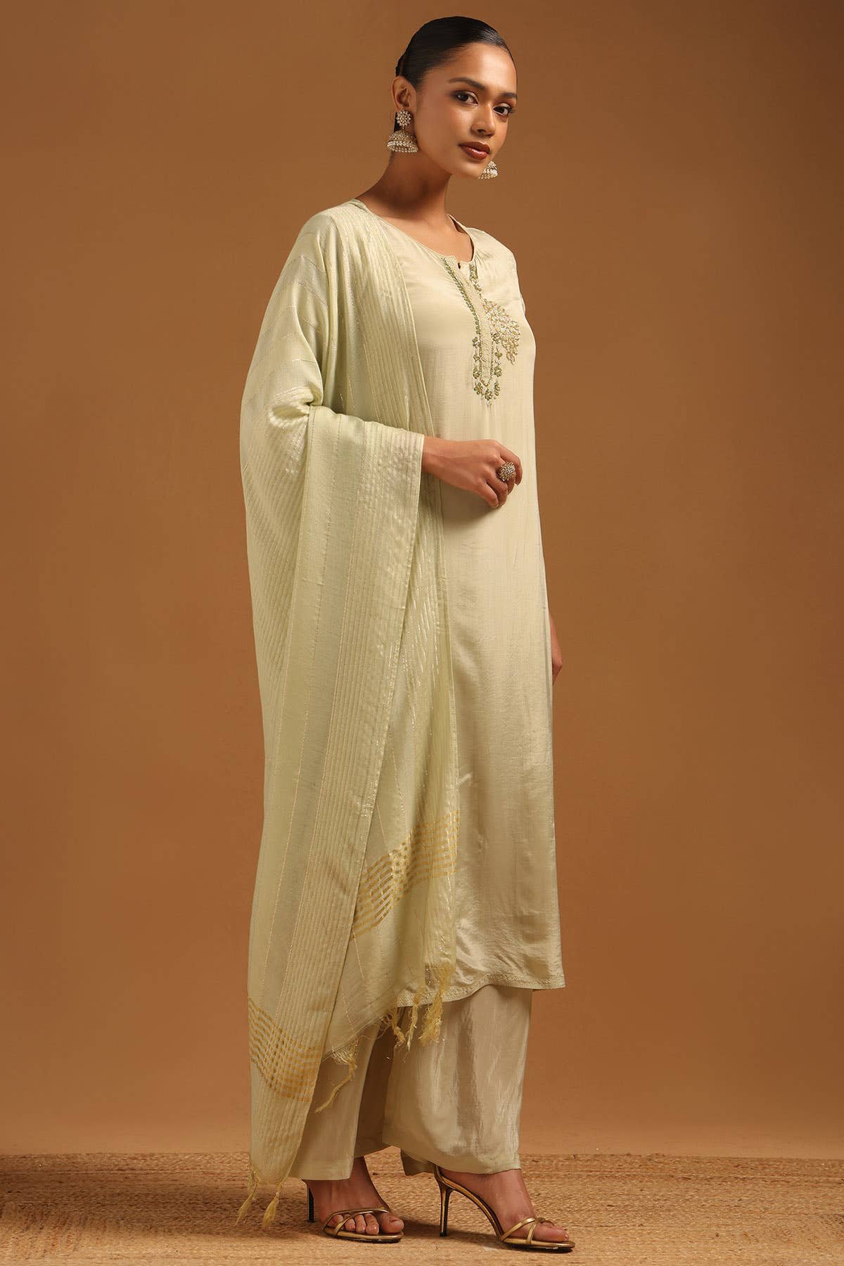 Sap Green Cutdana Crepe Salwar Suit Set Style · Hand Work Cutdana · Notch Neckline  ·  Palazzo  ·  Set of 3  ✦ - Image 3