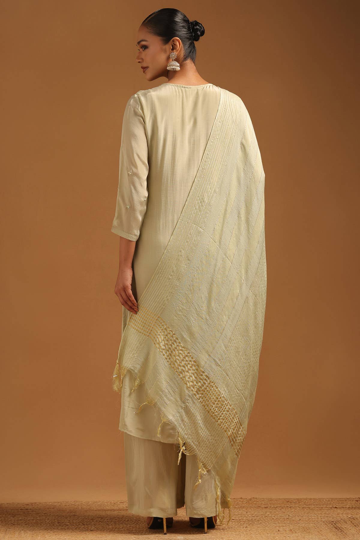 Sap Green Cutdana Crepe Salwar Suit Set Style · Hand Work Cutdana · Notch Neckline  ·  Palazzo  ·  Set of 3  ✦ - Image 5