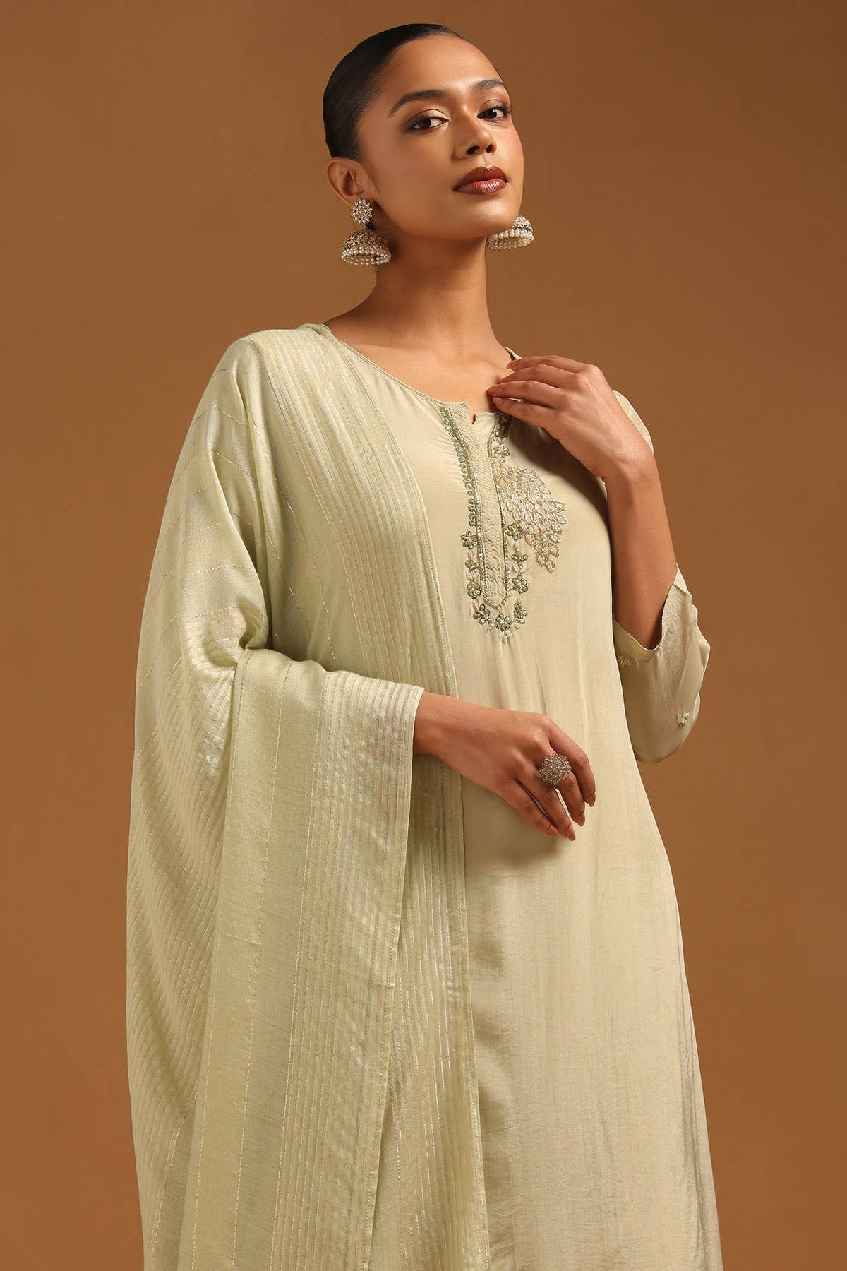 Sap Green Cutdana Crepe Salwar Suit Set Style · Hand Work Cutdana · Notch Neckline  ·  Palazzo  ·  Set of 3  ✦ - Image 6